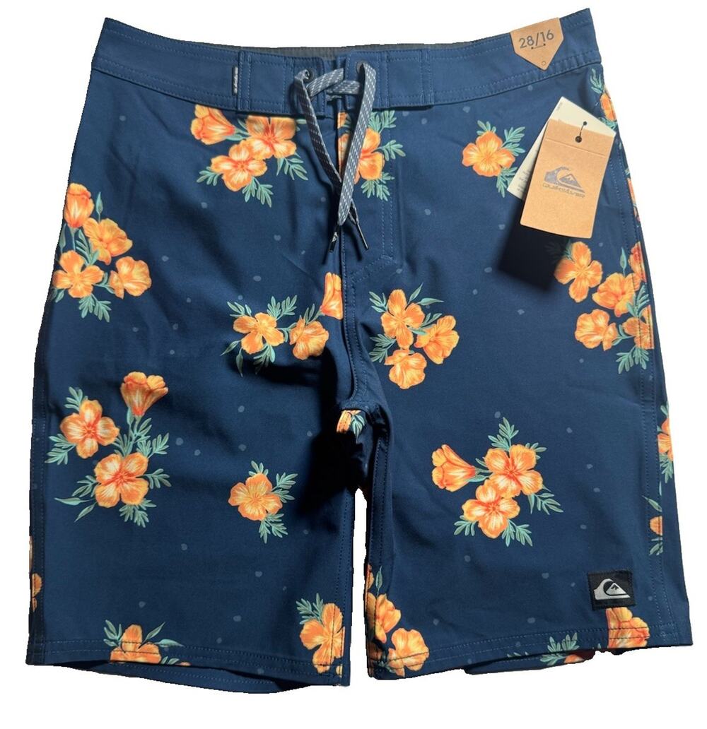 Quiksilver Boys 28/16 Navy Floral Boardshorts Straight Fit Swim Shorts NWT